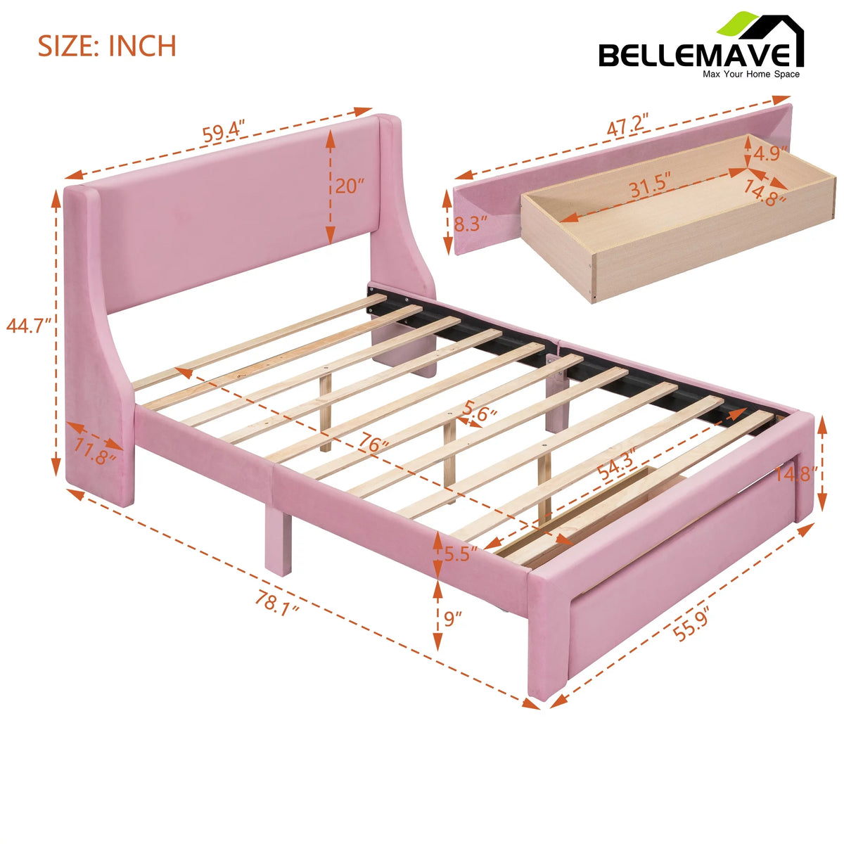 Full Size Pink Velvet Platform Bed with Drawer U573404