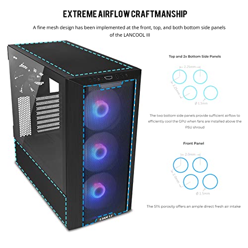 Black E-ATX PC Case with Tempered Glass Doors, Mesh Panels, 4x140mm PWM Fans B390