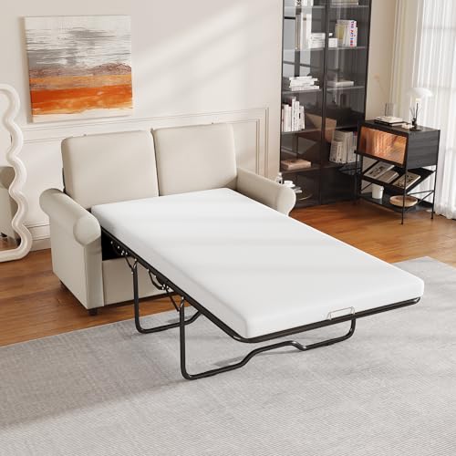 Beige Pull Out Sofa Bed with Twin Size Mattress Pad T45540