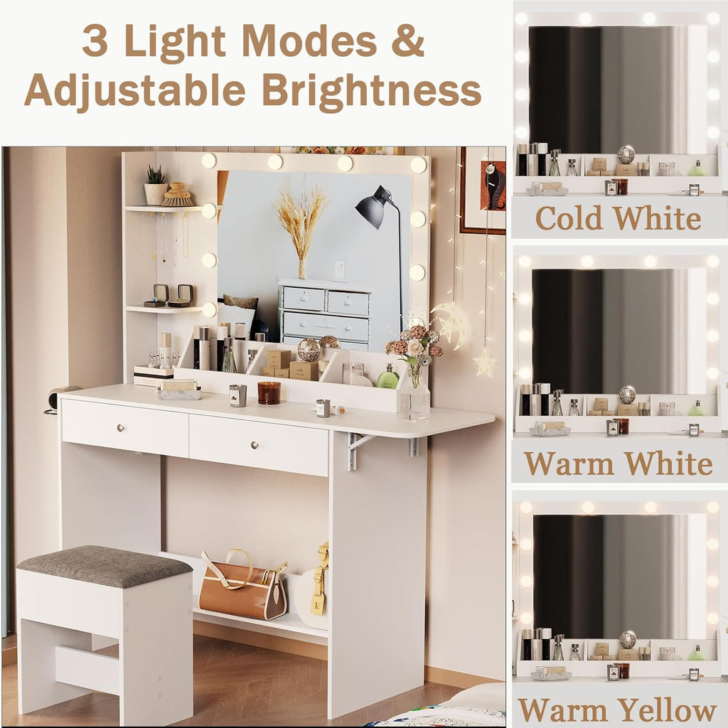 White Makeup Vanity Desk with Lights and Charging Station, 2 Drawers & Cushioned Stool U562