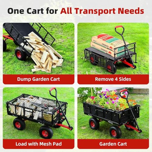 880 lb 10-inch tire steel garden cart with 4-side removable mesh and 180° swivel handle Z6294