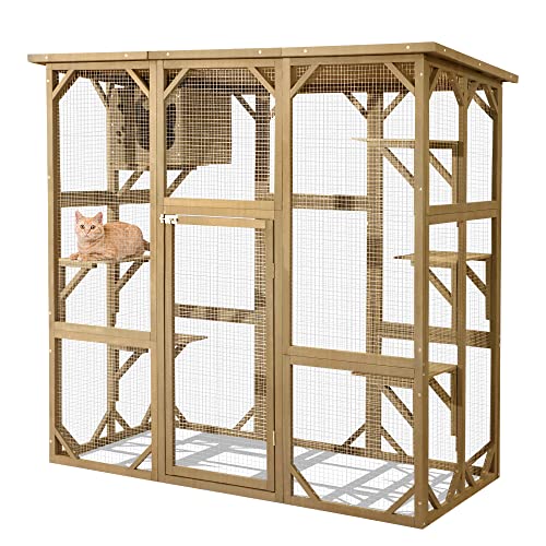 70 Inch Wooden Catio with Resting Box and 6 Jumping Platforms Y40050