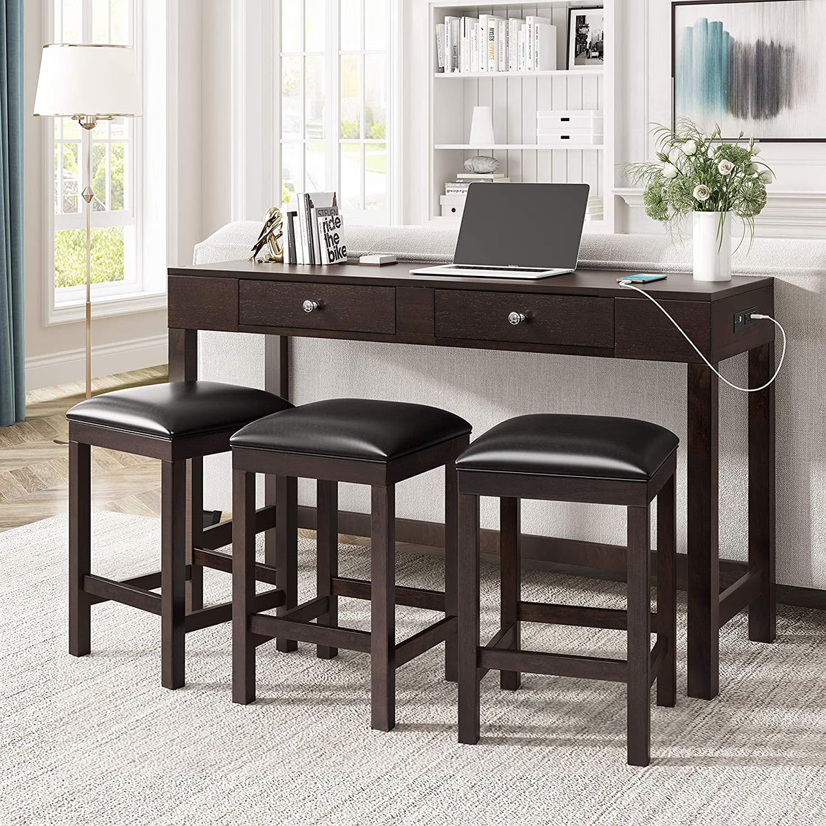 4-Piece Counter Height Dining Table Set with 3 PU Leather Padded Stools V13840