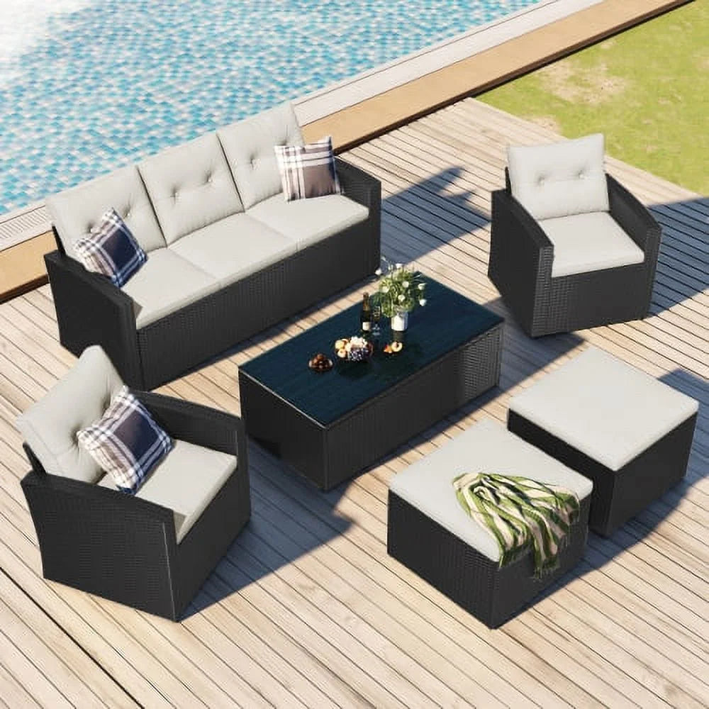 6 Piece Outdoor Patio Furniture Conversation Set with Coffee Table, All-Weather Wicker PE Rattan Sectional Sofas with Ottomans, Black Wicker Beige Cushion A26920