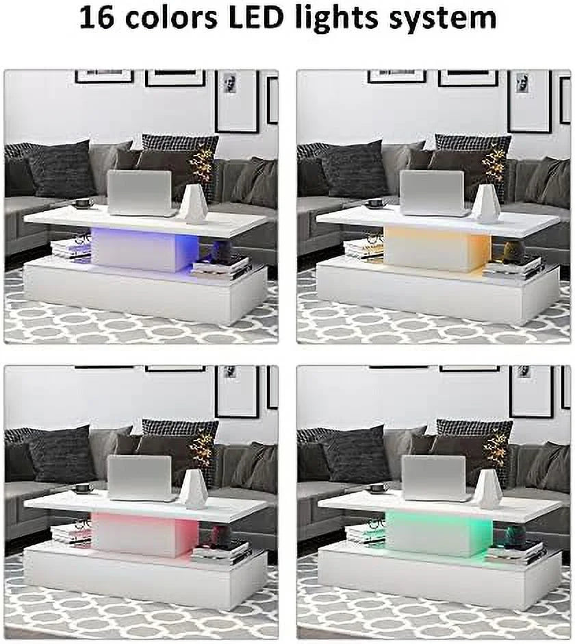 Modern High Gloss Coffee Table with LED Lights 2 Tiers 47.2 in T1165