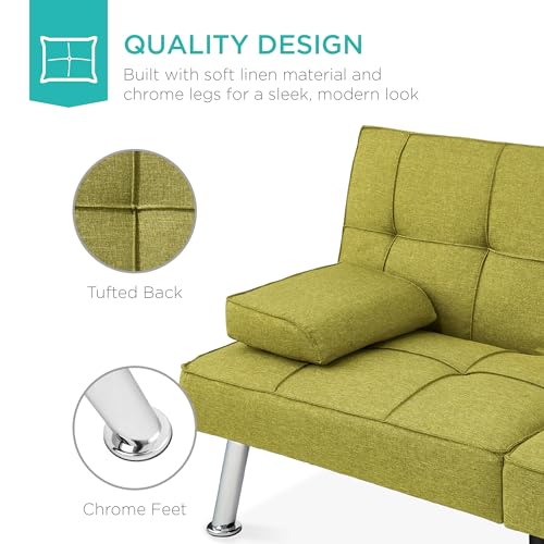 Gray Linen Folding Futon Sofa Bed with Cupholders W88856