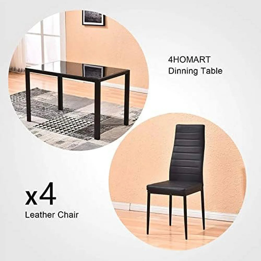 Black 5 Pieces Glass Dining Table and Chairs Set of 4 P37176