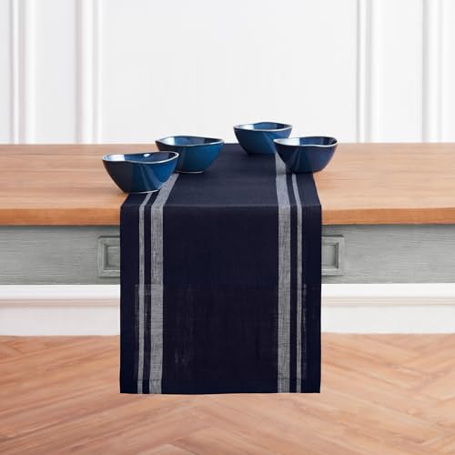 100% Pure Linen Black and Natural French Stripe Table Runner 14 x 60 Inch B76554