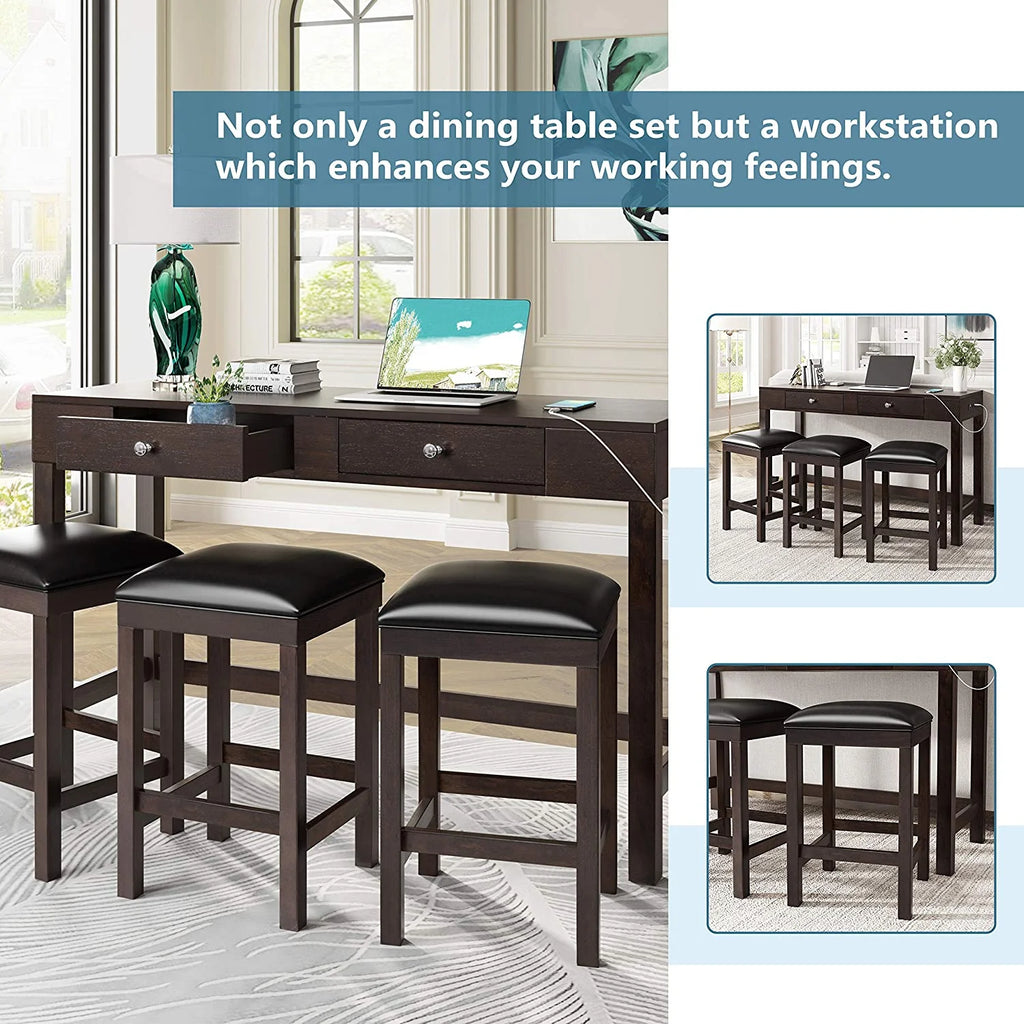 4-Piece Counter Height Dining Table Set with 3 PU Leather Padded Stools V13840