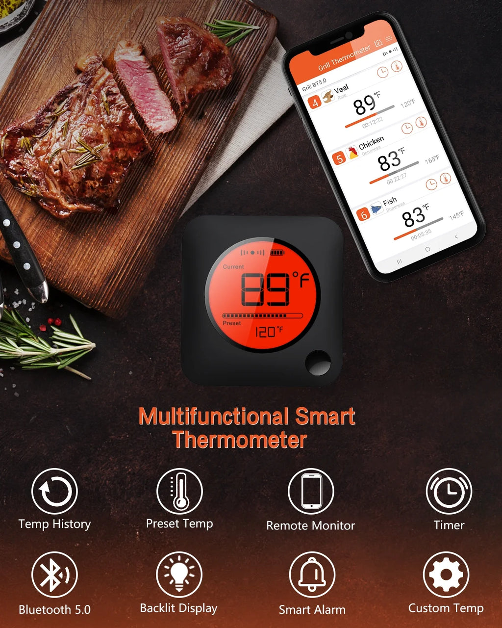 6-Probe Bluetooth Meat Thermometer with LCD Display G336
