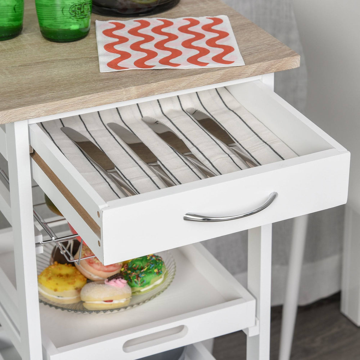 White Mobile Rolling Kitchen Island Trolley Serving Cart with Drawer and Wire Storage Basket O191516