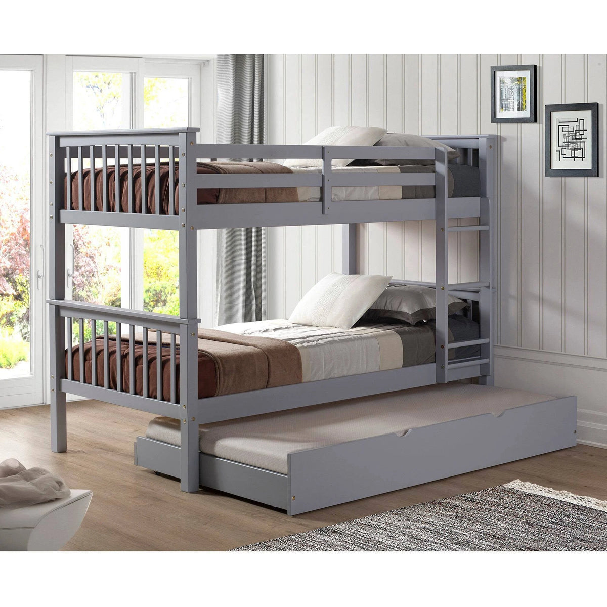Twin Solid Wood Bunk Bed with Trundle Bed Gray O3477