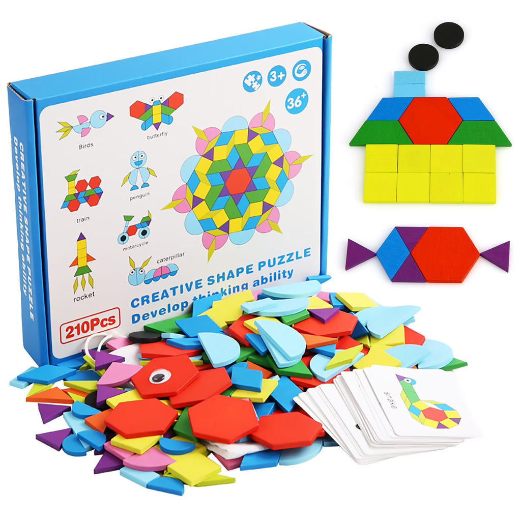 Wooden Pattern Blocks Geometric Shapes Toy with Cards E455629