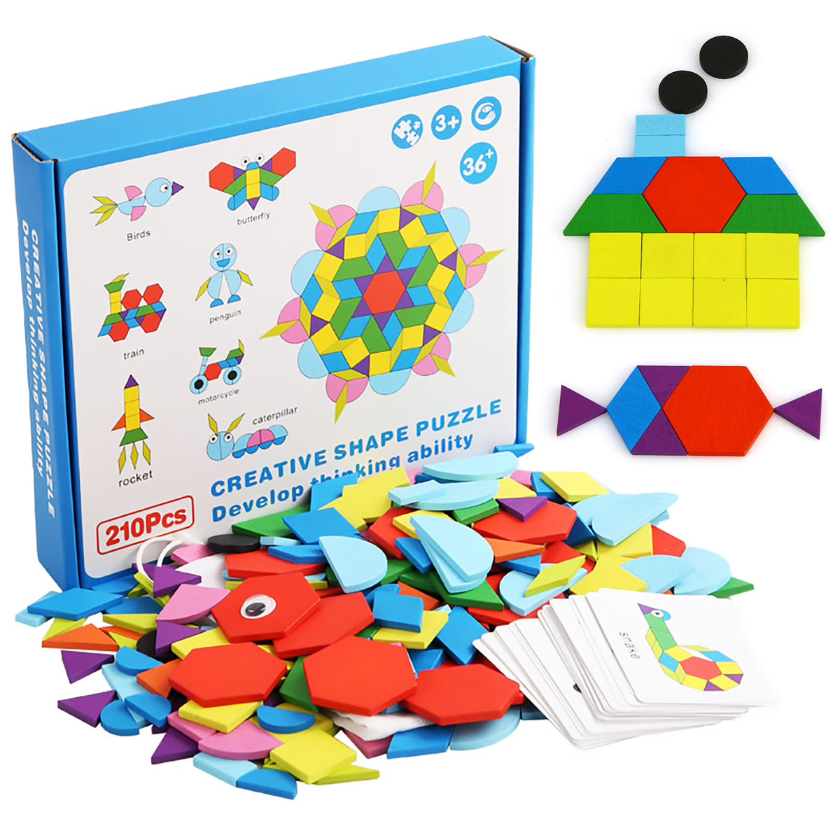 Wooden Pattern Blocks Geometric Shapes Toy with Cards E455629