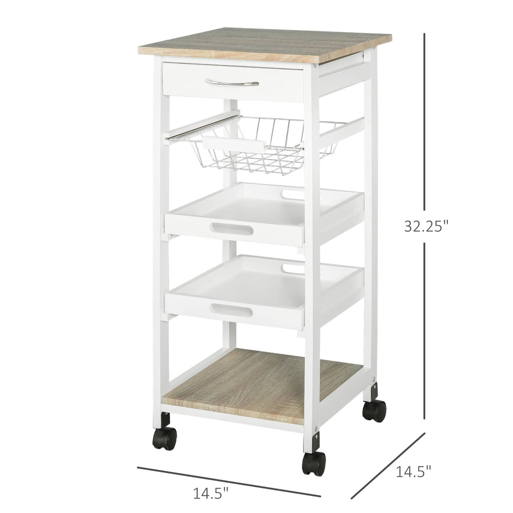 White Mobile Rolling Kitchen Island Trolley Serving Cart with Drawer and Wire Storage Basket O191516
