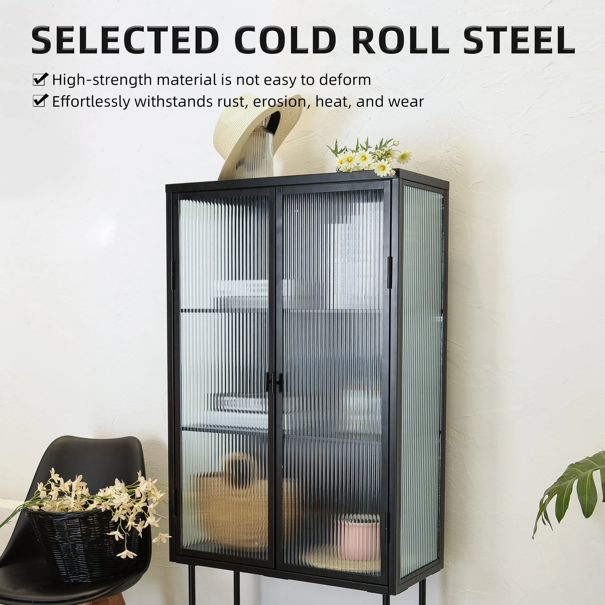 Black Fluted Glass High Cabinet with Dual Doors Q155479