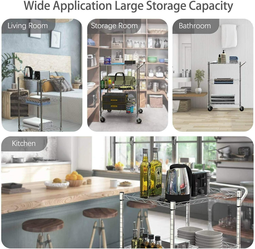 3-Tier Silver Steel Rolling Kitchen Trolley Cart with Storage Shelves X3618