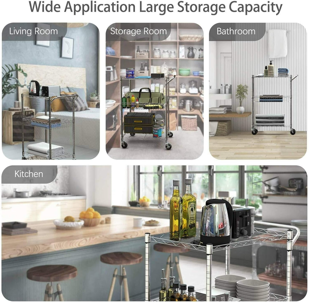 3-Tier Silver Steel Rolling Kitchen Trolley Cart with Storage Shelves X3618