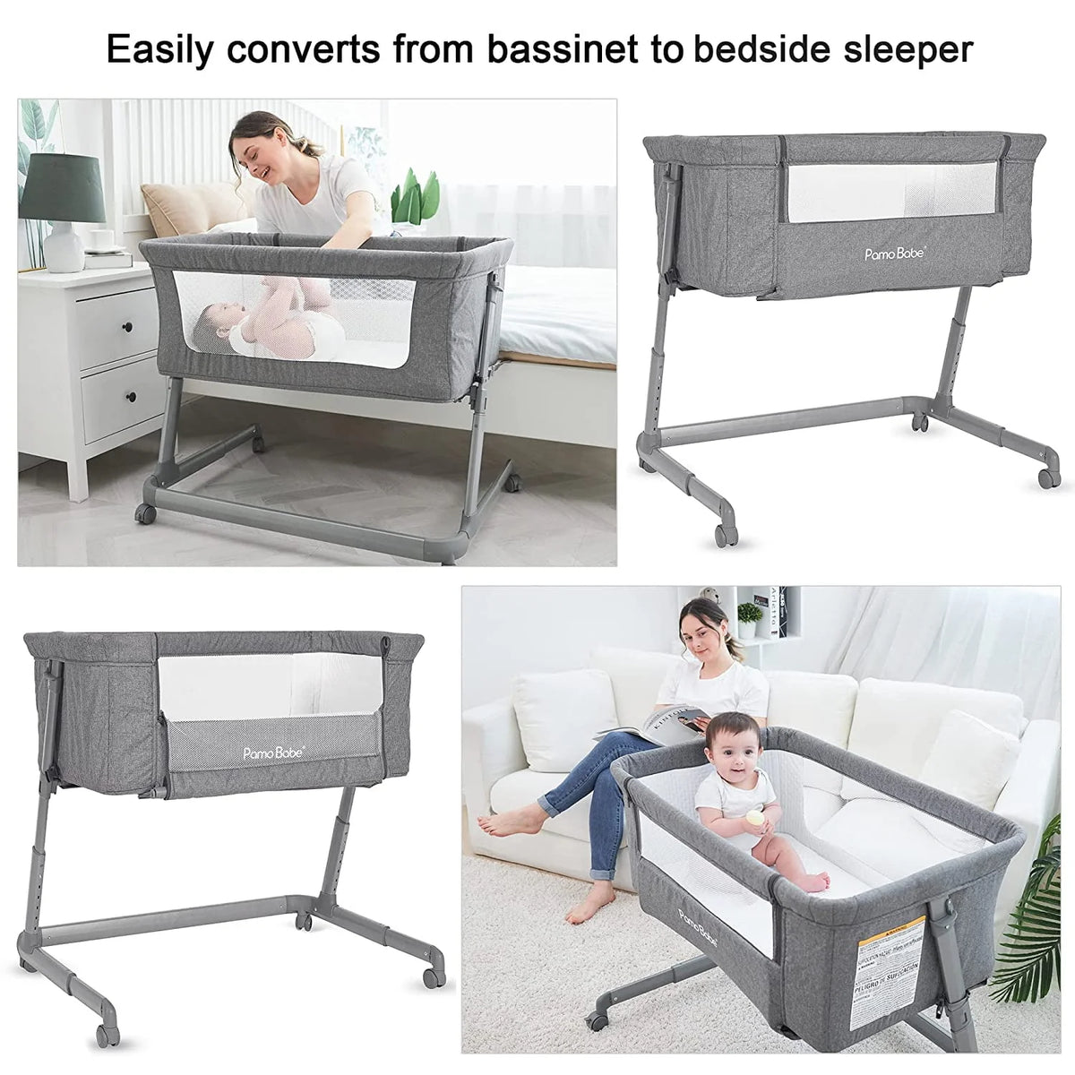 Grey Bassinet with Wheels and Folding Frame T8706