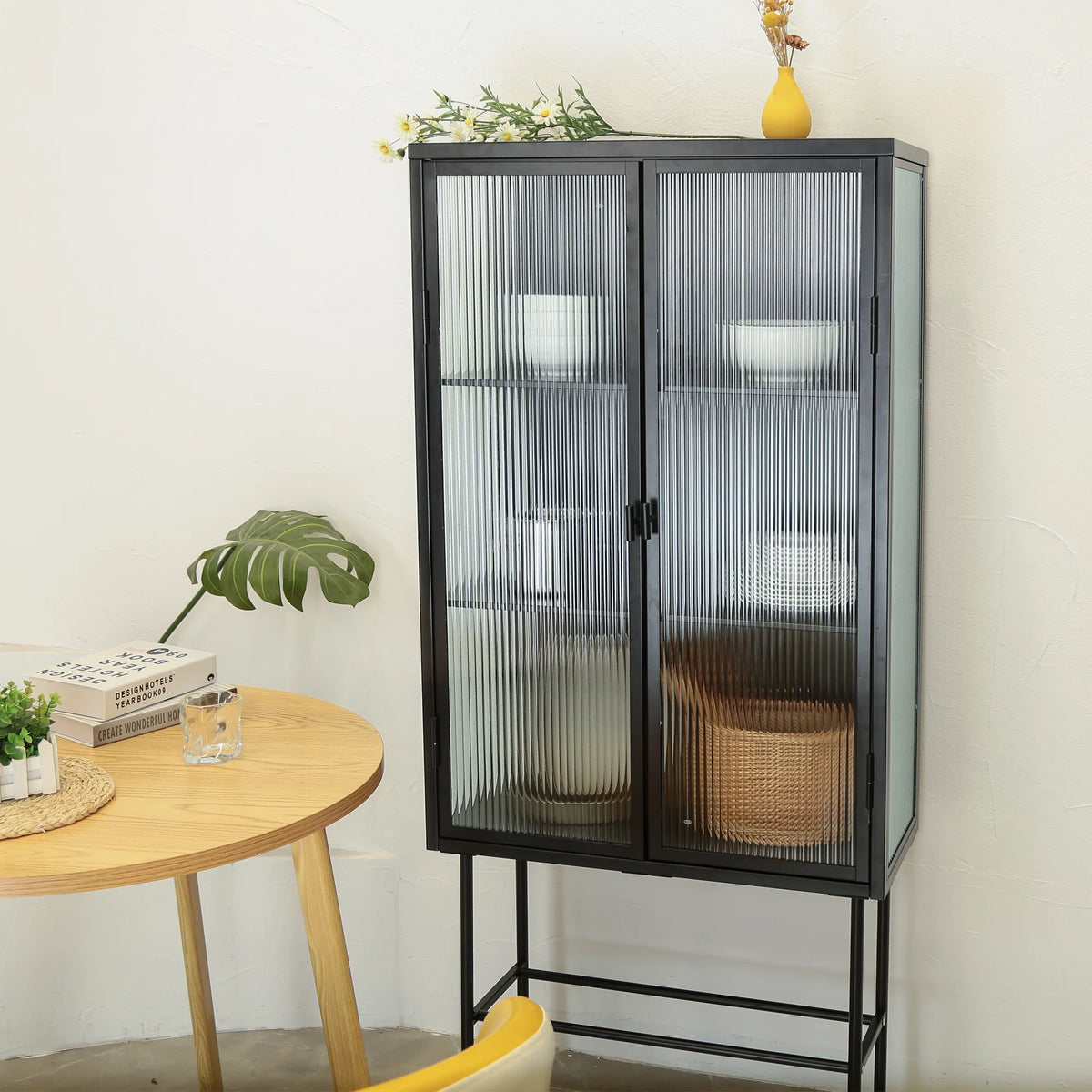 Black Fluted Glass High Cabinet with Dual Doors Q155479