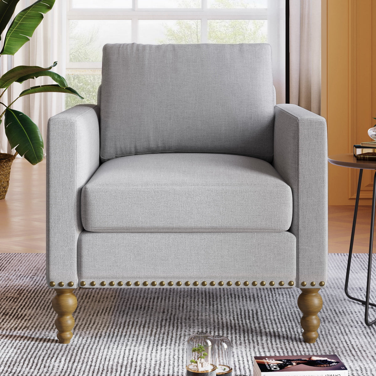 Light Gray Linen Armchair with Wooden Legs G76024