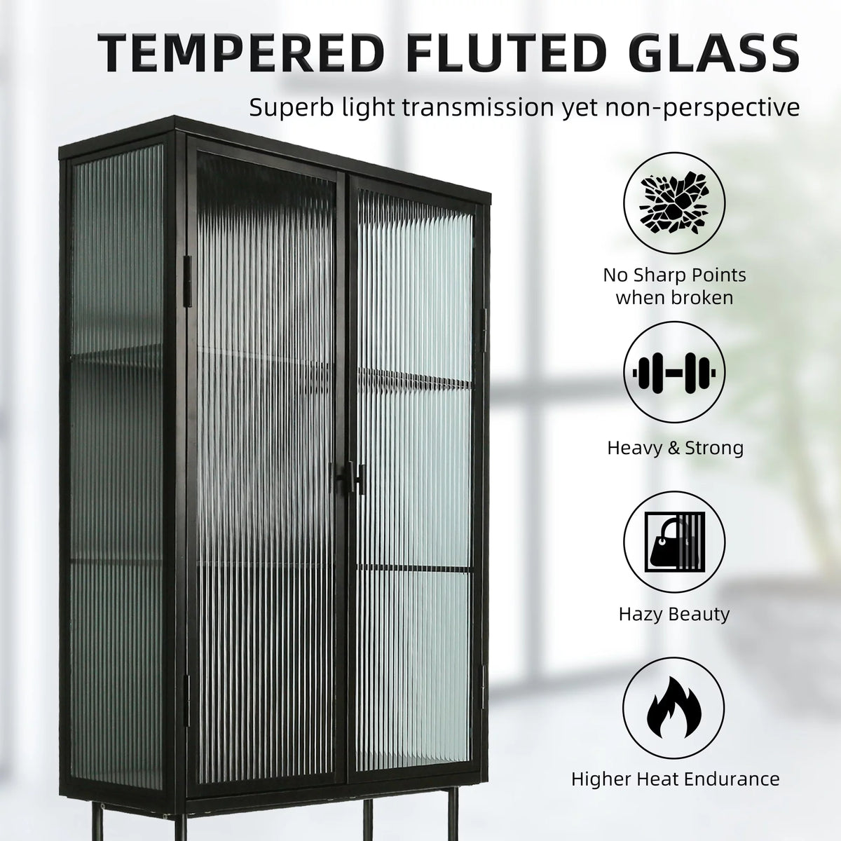 Black Fluted Glass High Cabinet with Dual Doors Q155479