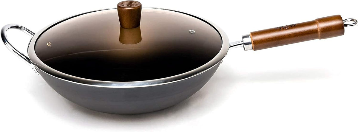 Carbon Steel Wok 12.59 Round Bottom Chinese Traditional Iron Pot with Detachable Wooden Handle Gift Pack of 2 Y4608