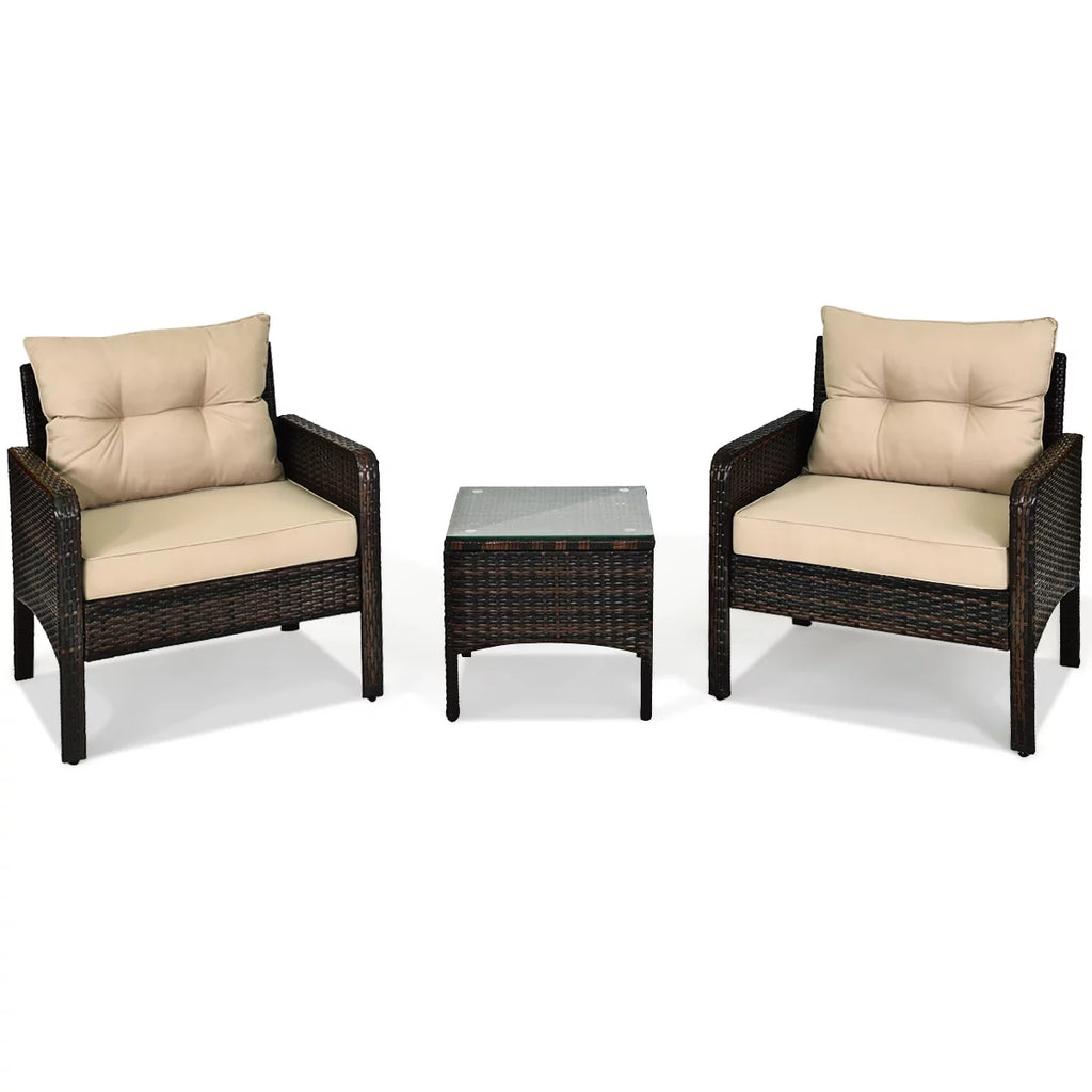 3PCS Brown Patio Rattan Furniture Set with Cushioned Chairs Coffee Table M67627