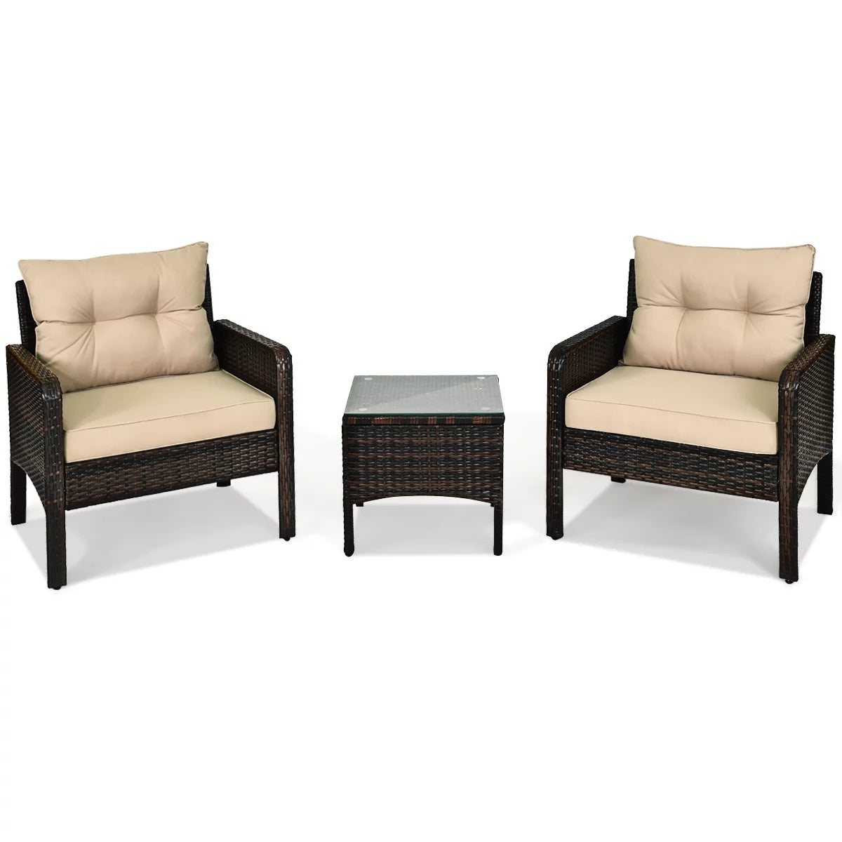 3PCS Brown Patio Rattan Furniture Set with Cushioned Chairs Coffee Table M67627