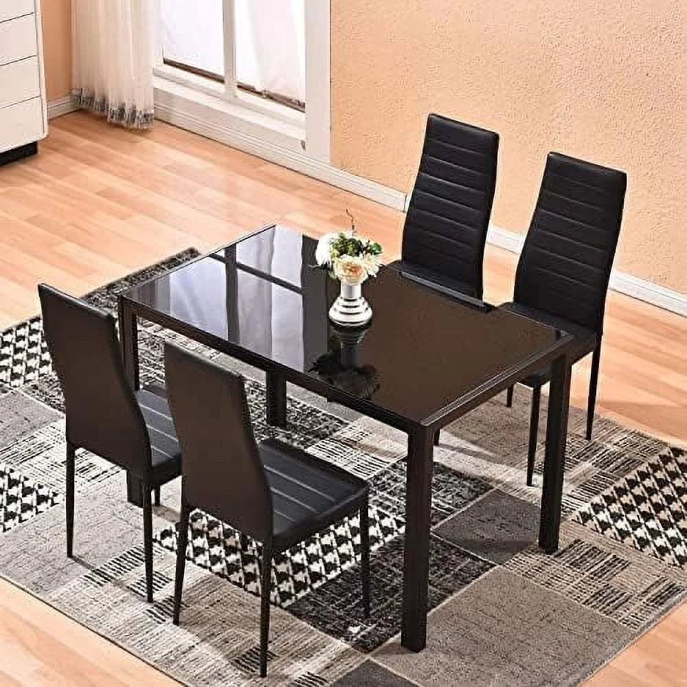 Black 5 Pieces Glass Dining Table and Chairs Set of 4 P37176