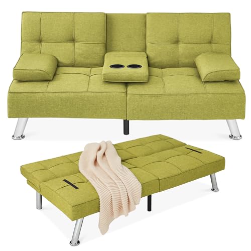 Gray Linen Folding Futon Sofa Bed with Cupholders W88856