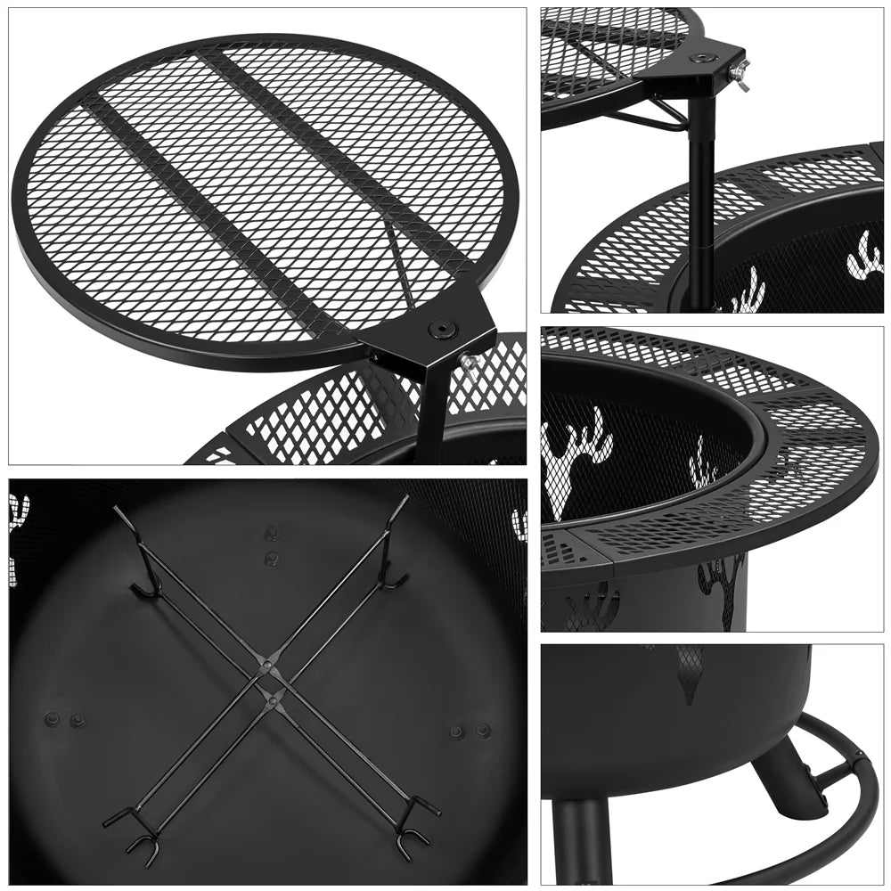32'' Round Wood Burning Fire Pit with Poker & Swivel Cooking Grate Q877