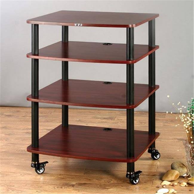 4 Black Poles 4 Cherry Shelves AV Stand with Caster W736760