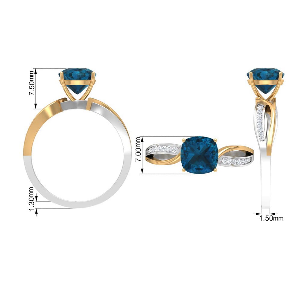 1.50 CT Cushion Cut London Blue Topaz Solitaire and Diamond Ring, 925 Sterling Silver, US 4.00 F1675
