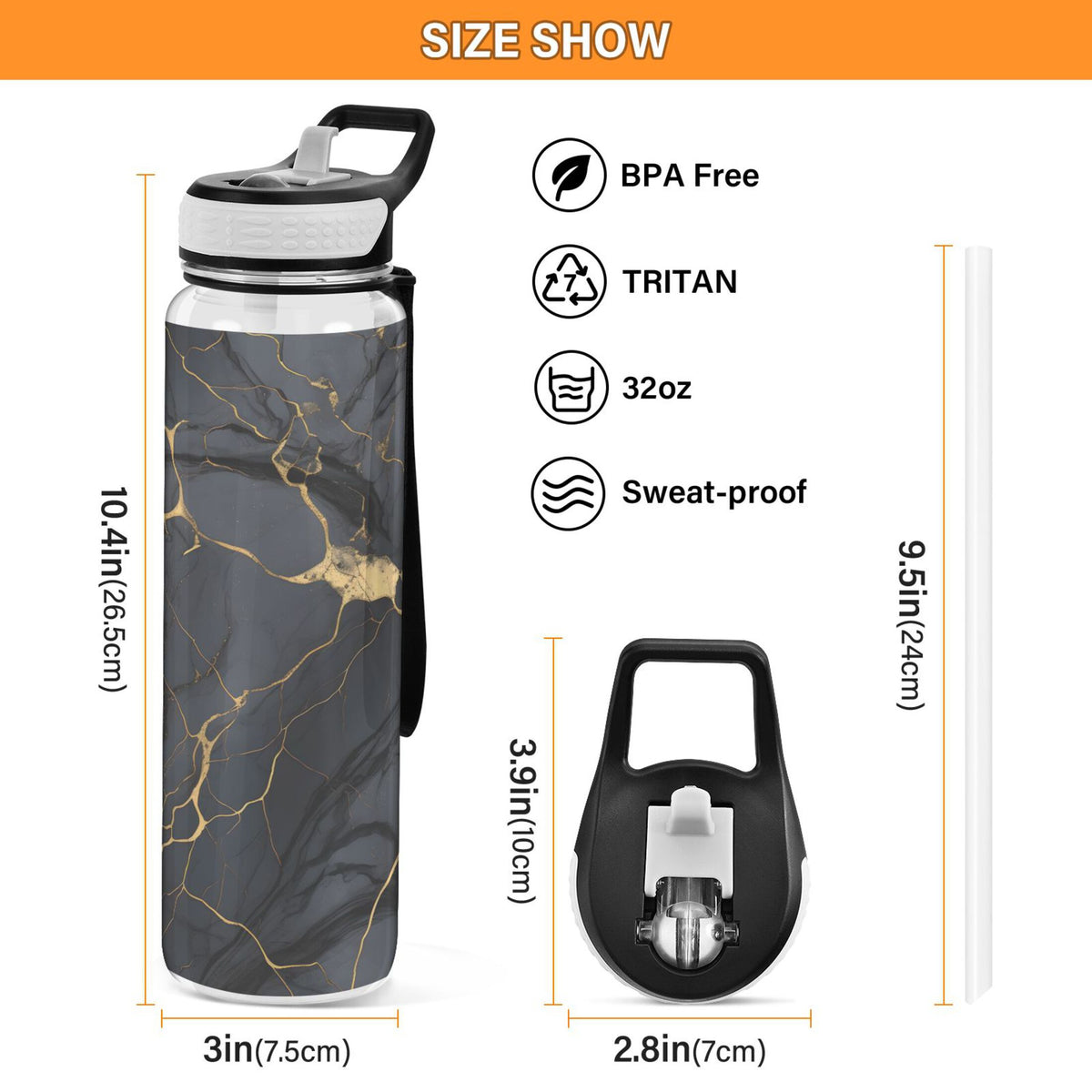 Black and Golden Marble 32oz Tritan Water Bottles with Straw Z965