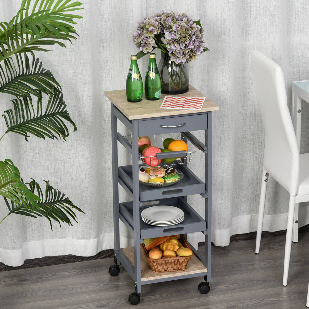 White Mobile Rolling Kitchen Island Trolley Serving Cart with Drawer and Wire Storage Basket O191516