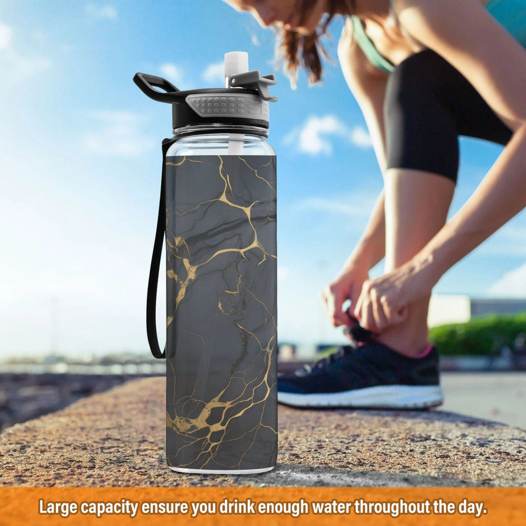 Black and Golden Marble 32oz Tritan Water Bottles with Straw Z965