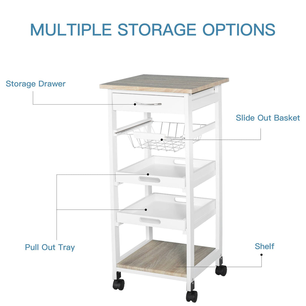 White Mobile Rolling Kitchen Island Trolley Serving Cart with Drawer and Wire Storage Basket O191516