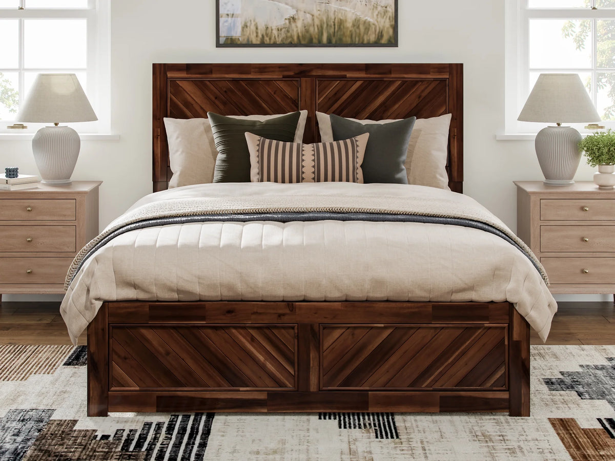 Queen Solid Wood Low Profile Platform Bed with Footboard, Walnut T85879