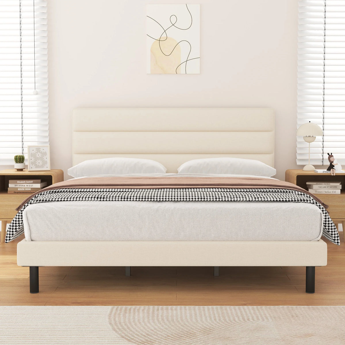 Queen Size Wingback Fabric Upholstered Platform Bed Frame D351