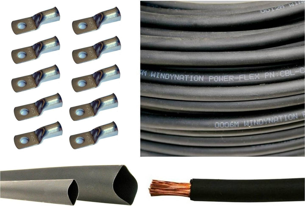 4 Gauge 15 Feet Red + 15 Feet Black Pure Copper Flexible Cable + 10pcs 3/8 Tinned Copper Cable Lug Terminal Connectors + 3 Feet Black Heat Shrink Tubing W87447