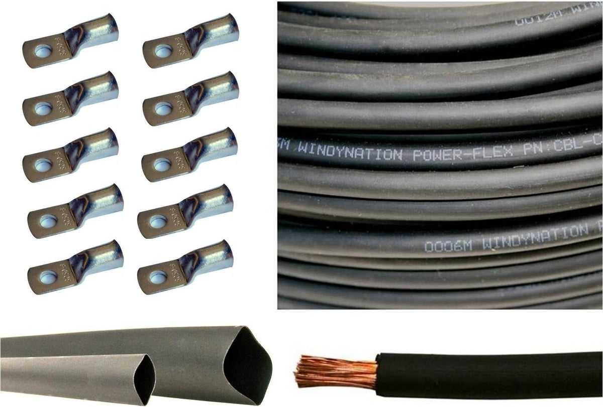 4 Gauge 15 Feet Red + 15 Feet Black Pure Copper Flexible Cable + 10pcs 3/8 Tinned Copper Cable Lug Terminal Connectors + 3 Feet Black Heat Shrink Tubing W87447