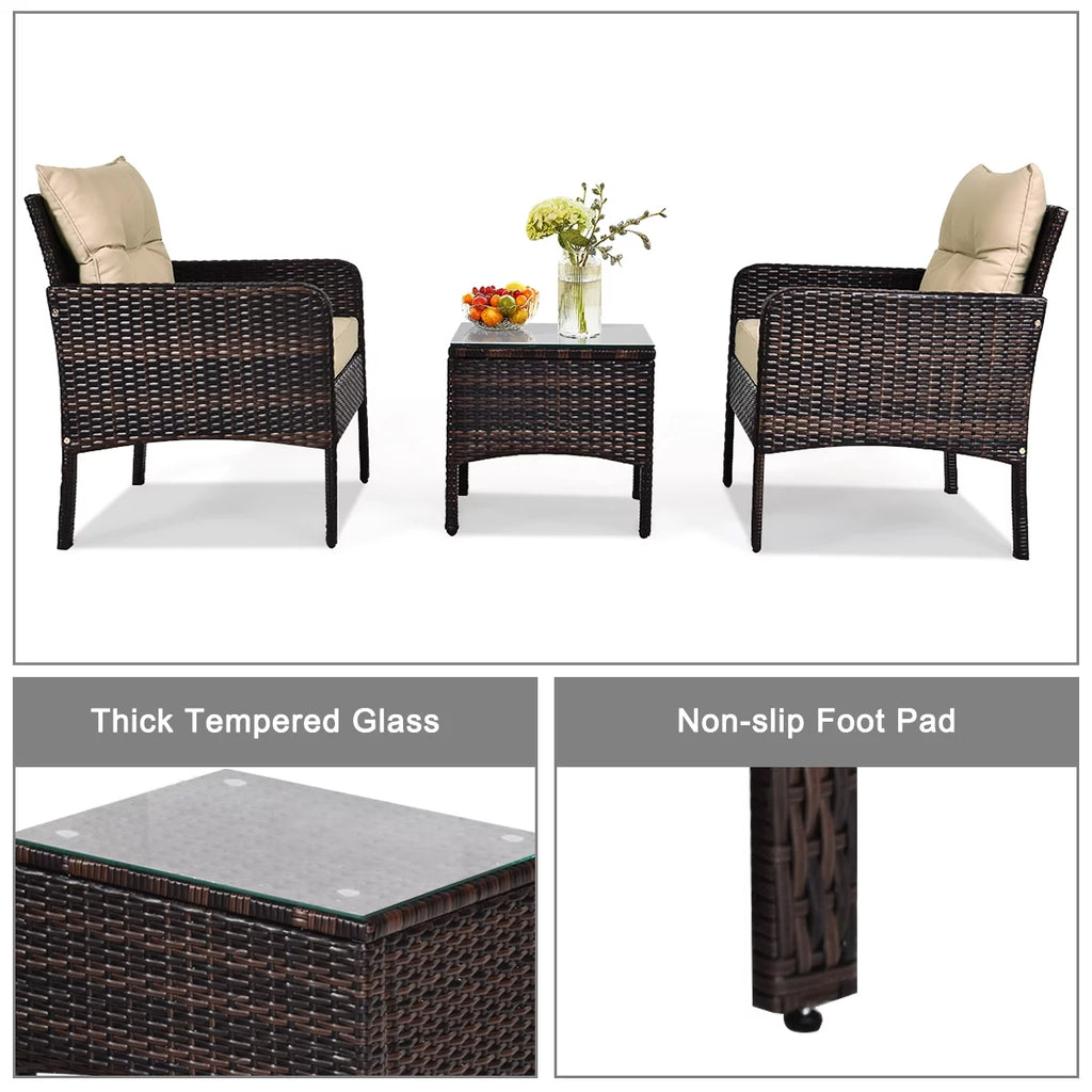 3PCS Brown Patio Rattan Furniture Set with Cushioned Chairs Coffee Table M67627