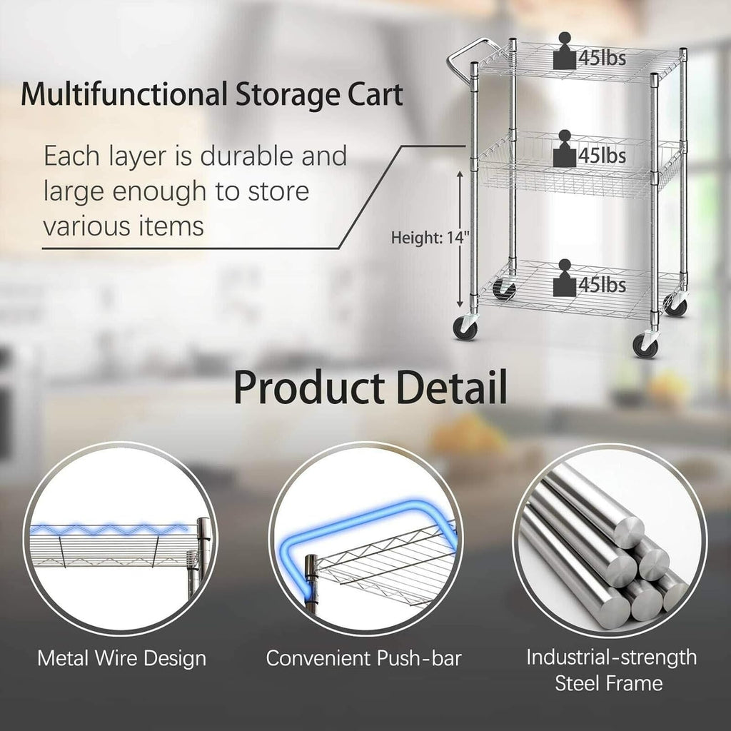 3-Tier Silver Steel Rolling Kitchen Trolley Cart with Storage Shelves X3618