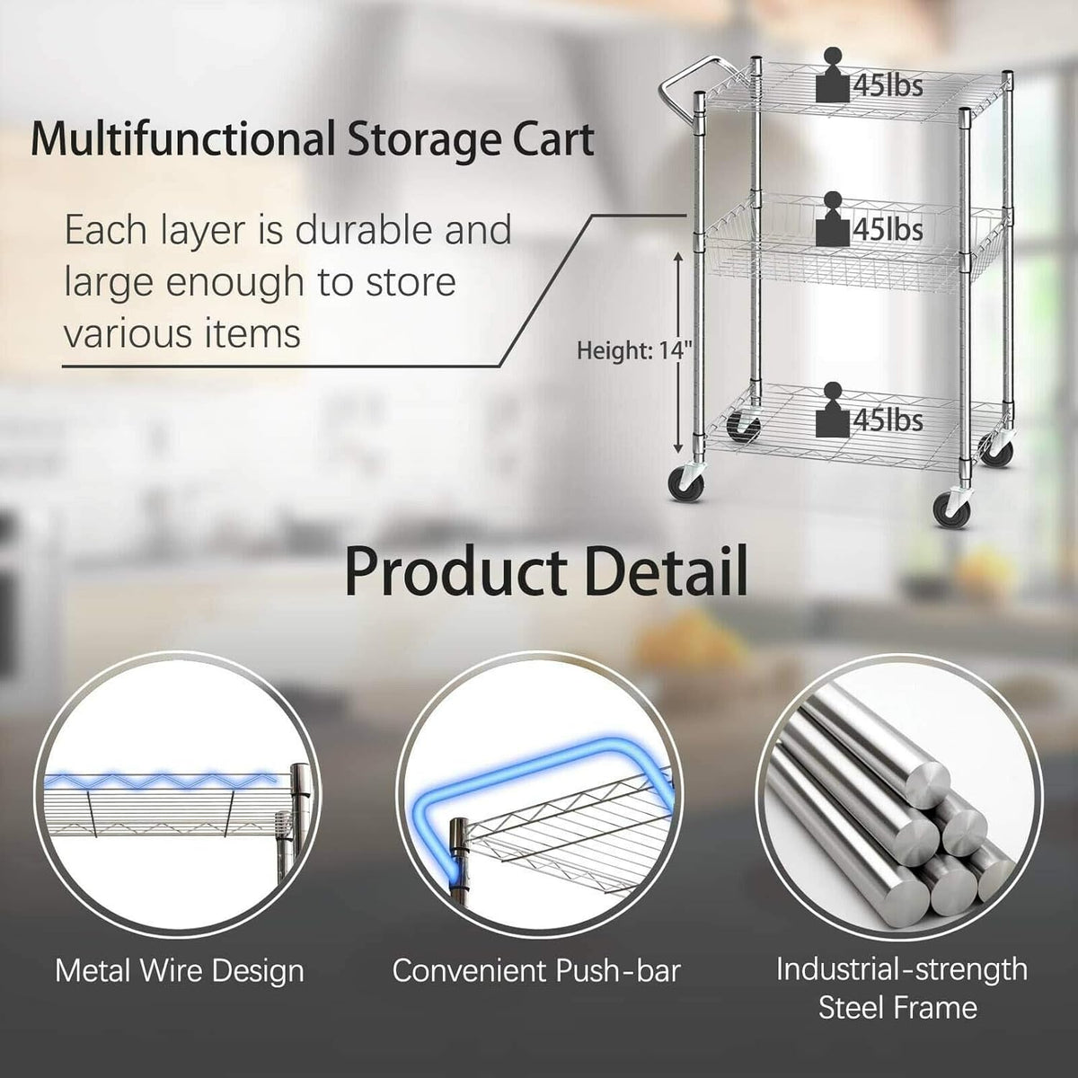 3-Tier Silver Steel Rolling Kitchen Trolley Cart with Storage Shelves X3618