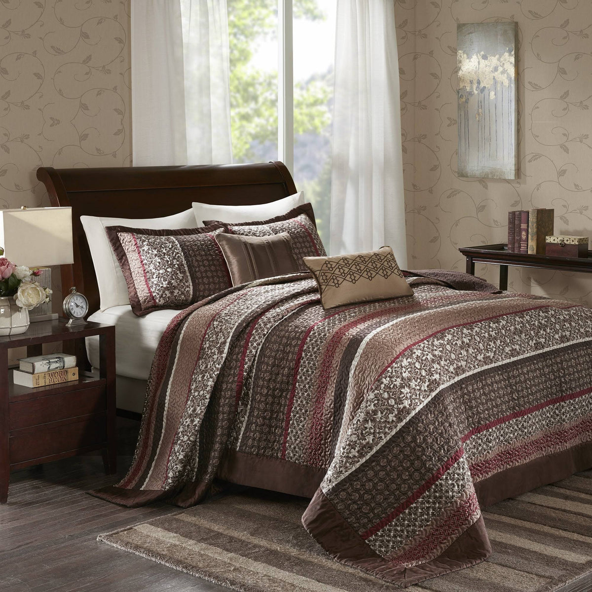 King Red 5 Piece Jacquard Bedspread Set X727