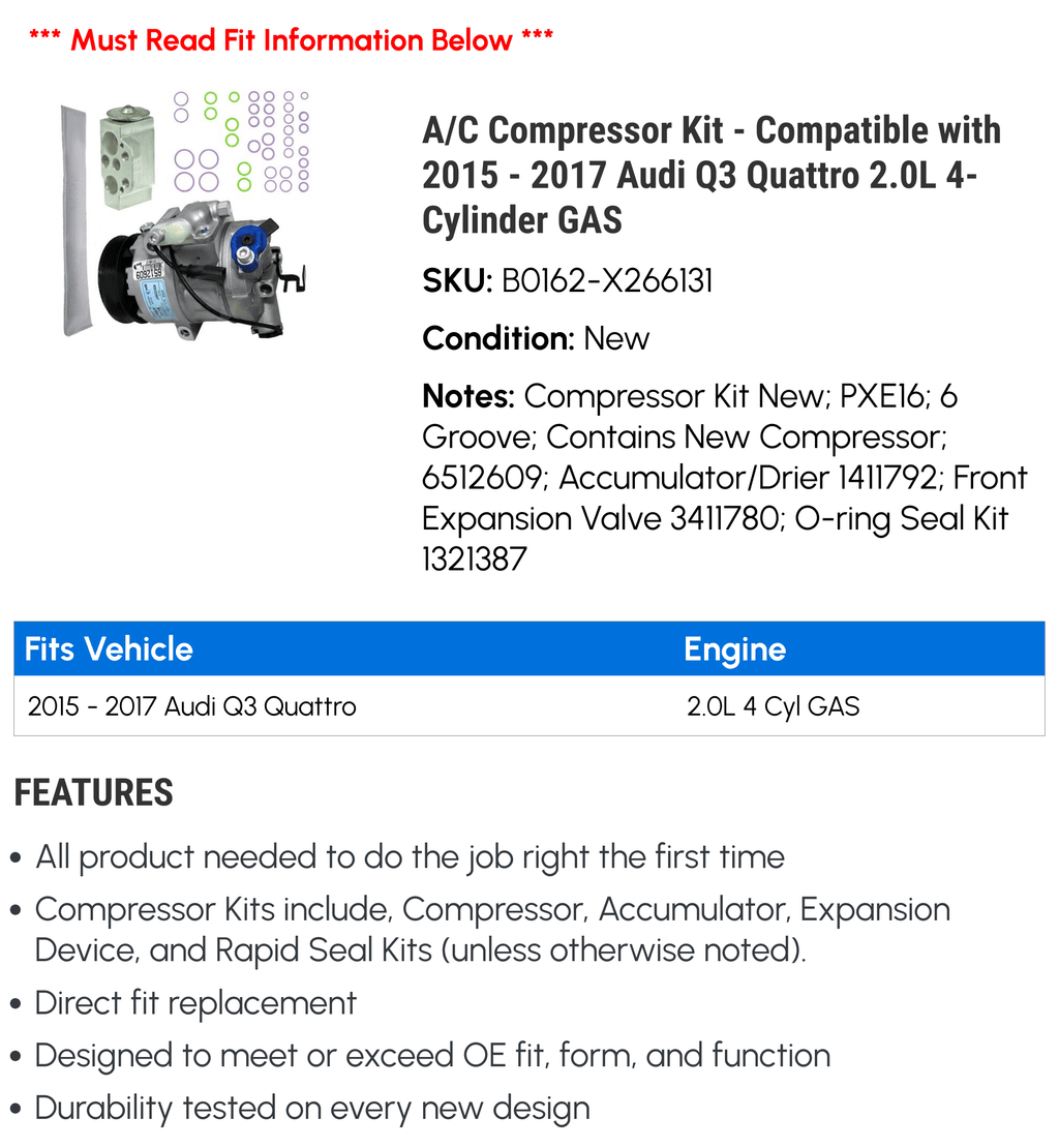 A/C Compressor Kit for 2015-2017 Audi Q3 Quattro 2.0L GAS X186