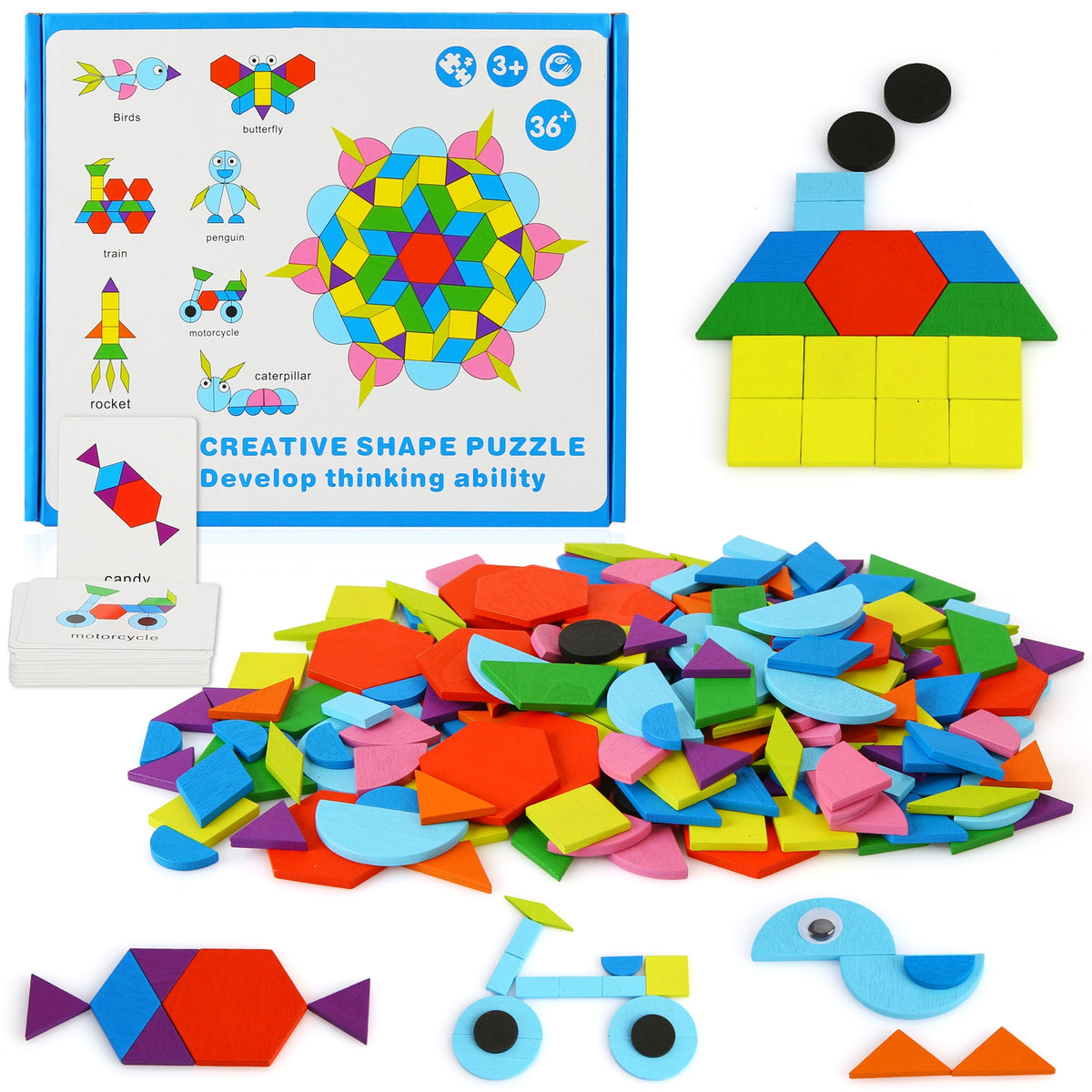 Wooden Pattern Blocks Geometric Shapes Toy with Cards E455629