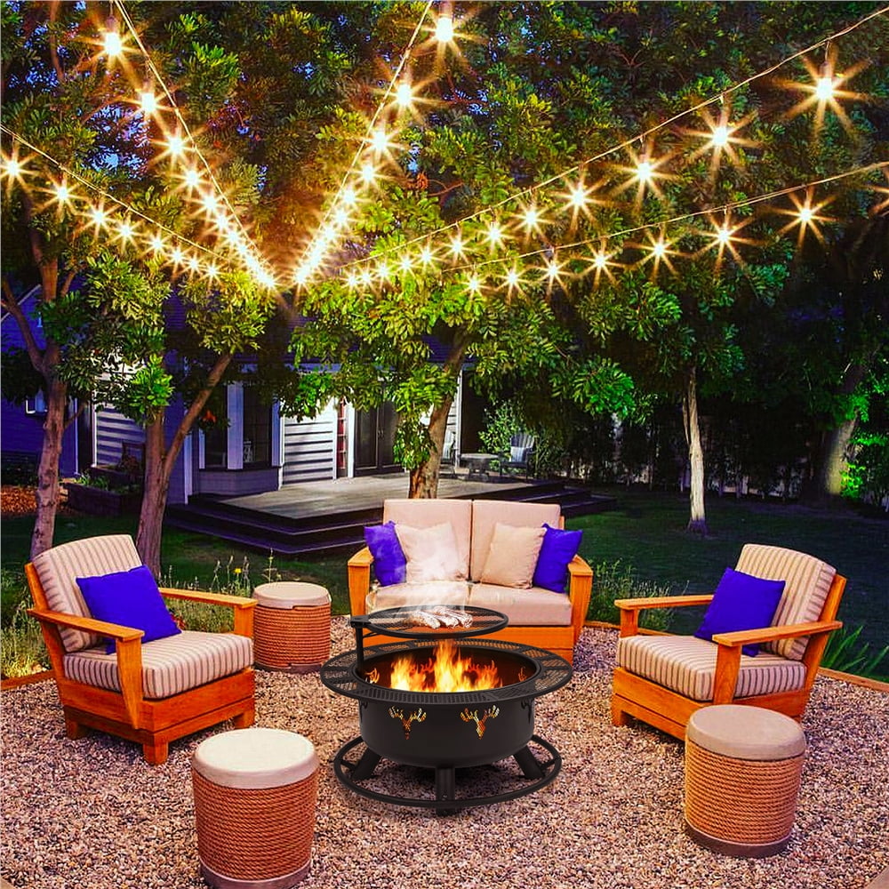 32'' Round Wood Burning Fire Pit with Poker & Swivel Cooking Grate Q877