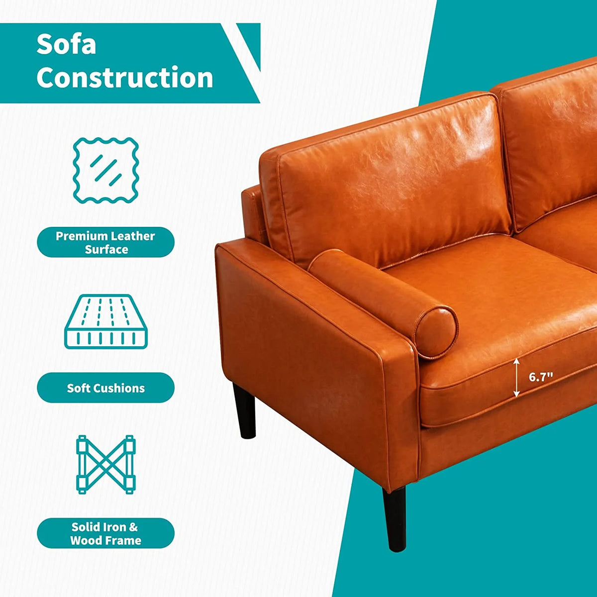 Convertible Sectional Sofa with Reversible Chaise, 3 Seat Faux Leather L-Shape Sofa with 2 Cylindrical Pillows F4867